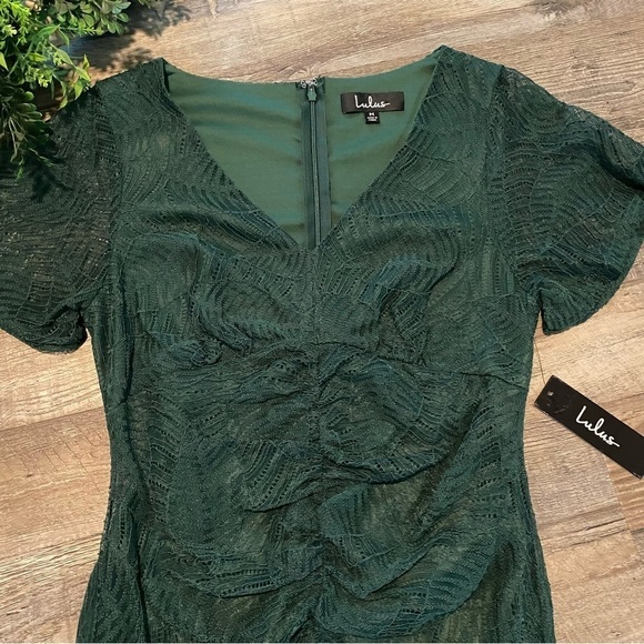 LULUS Forest Green “Harlow” Ruched Fitted Dress with Lace Overlay, NWT - Picture 5 of 16
